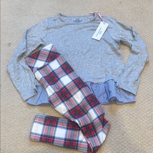 Vineyard Vines Girls Striped Hem Gray Top with Plaid Pants NWT